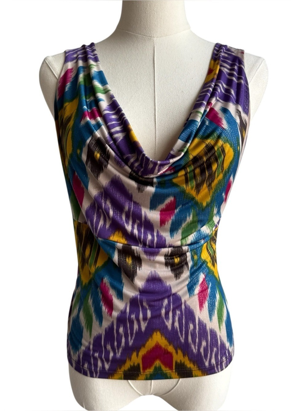 Vintage Y2K Colorful Ikat Print Cowl Neck Top Sz Small Festival Boho Fitted Sexy